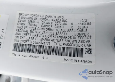 2022 Honda Civic Sport from USA, damaged, VIN 2HGFE2F54NH541776